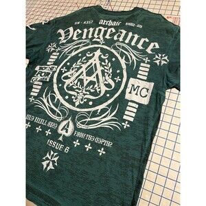 VINTAGE Archaic By Affliction Green Striped SS  Tee T-Shirt 2XL Smile Vengeance